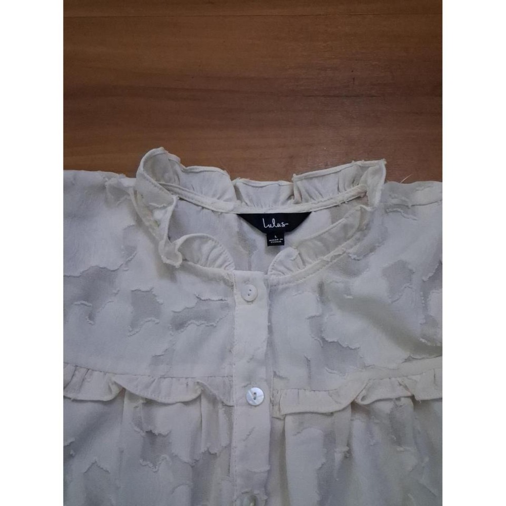 Lulus Floral Ivory Sheer Cottagecore Button Down‎ Puff Sleeve Top Shirt - Picture 7 of 7